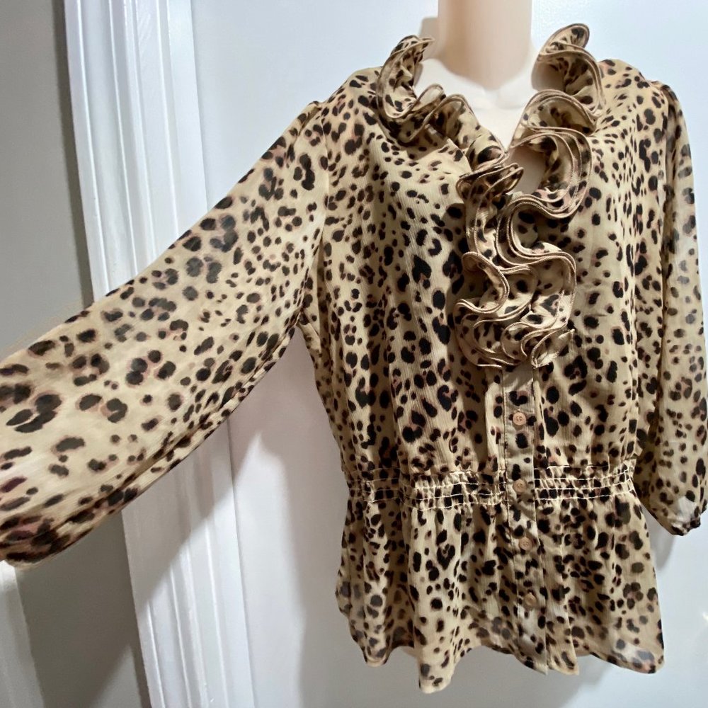 (6) AGB Work MobWife Boho Y2K 2010s Secretary Leopard Pr. Ruffled Front Cami…